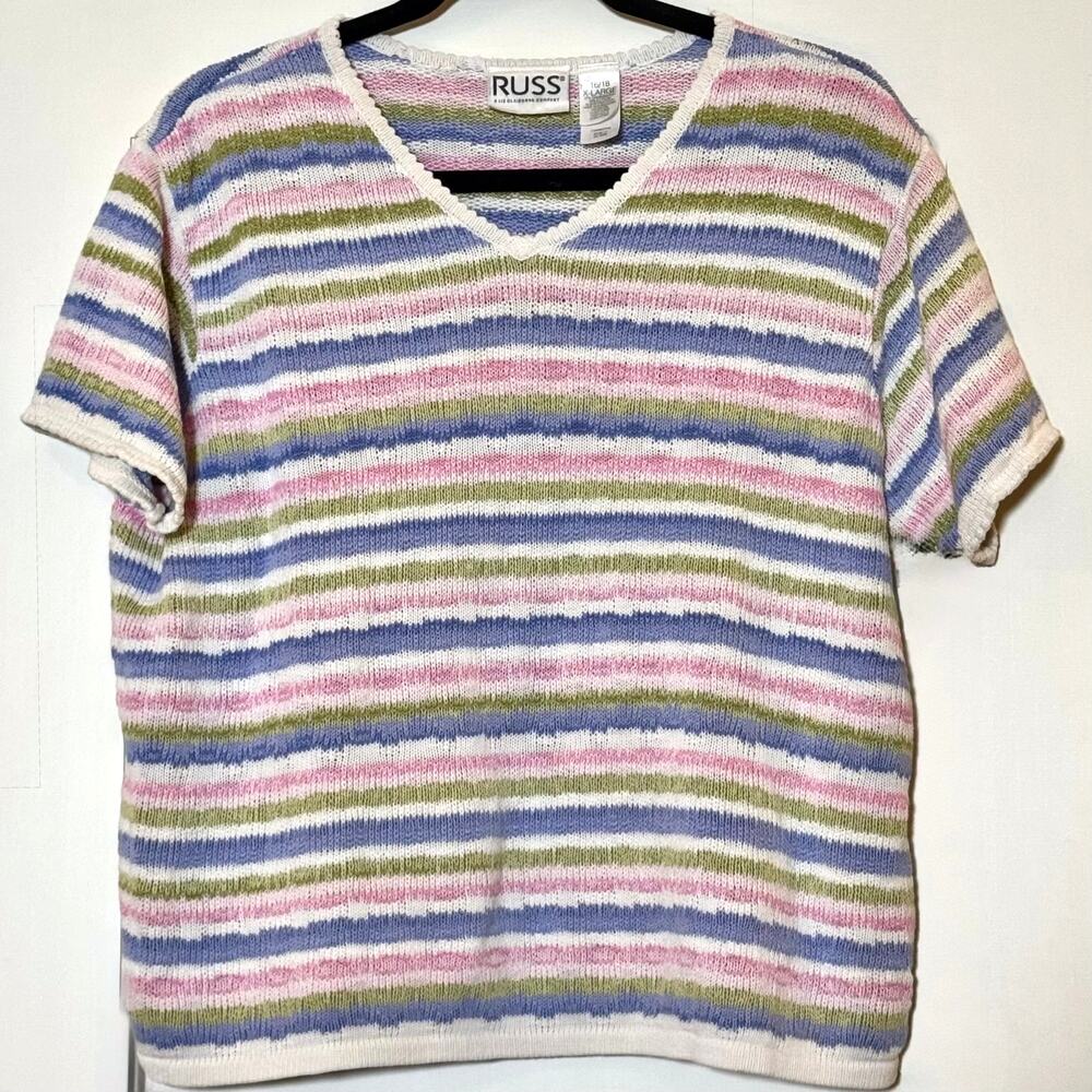 90s Vintage Grandmacore Cottagecore Knit Sweater Top Pastel‎ Striped Cotton XL